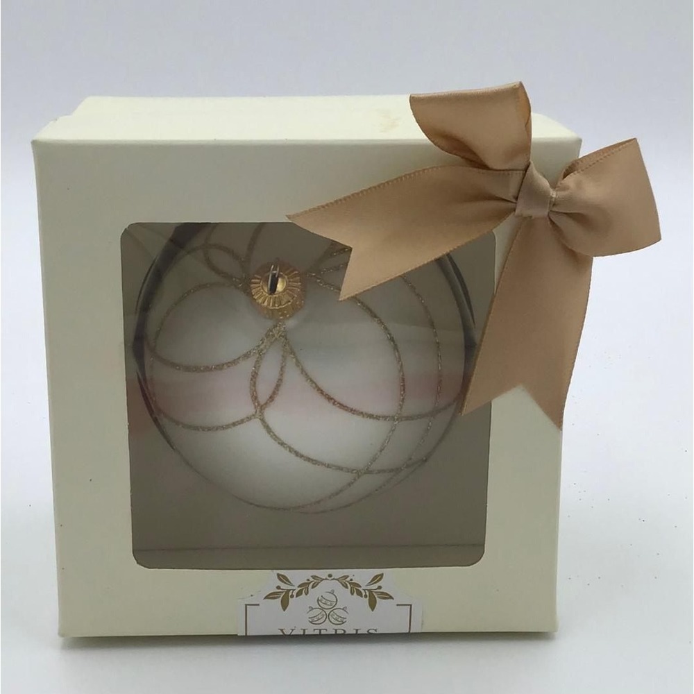 NIB Vitbis Poland Hand Blown Glass Christmas Ornament White Gold Glitter Luxe 4"
